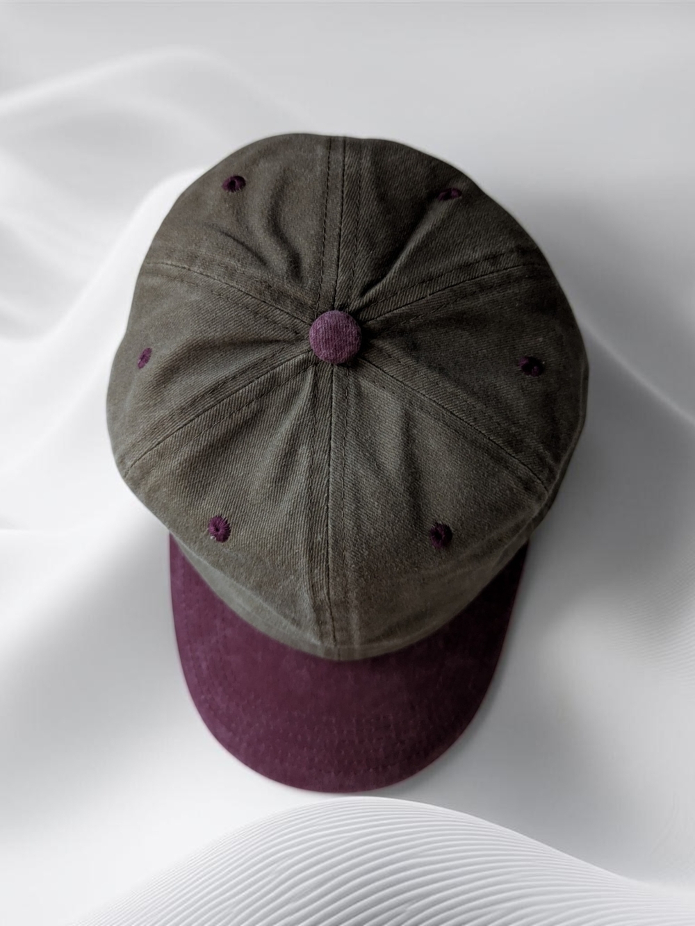 Women's Men's Dyed Washed Two-Tone Olive and Plum Baseball Cap Hat - Picture 3 of 4